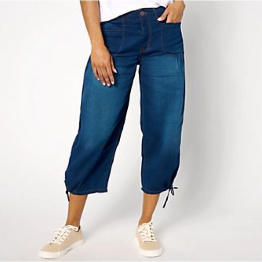 LOGO by Lori Goldstein Regular Wide Leg Crop Jeans w/ Ties Size 14